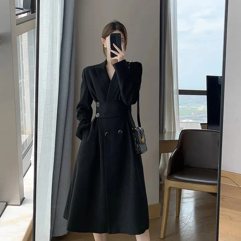 

Temperament Ladies Long Dress French Retro black Long-Sleeved Trench Coat Waist High-End Suit Collar Dress Black Female W116