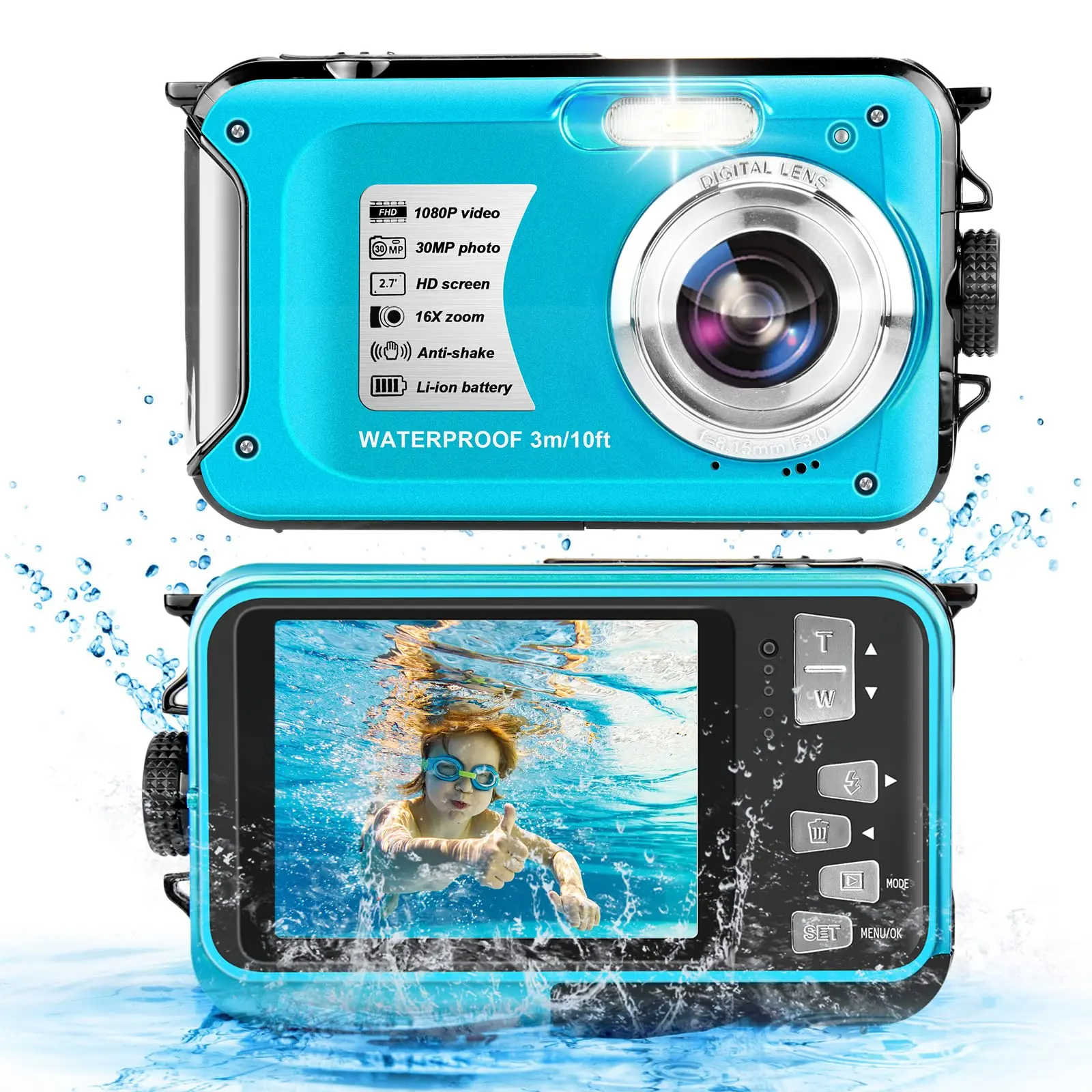 

Underwater Camera 30MP 1080p Video Recording Antishake Digital Zoom 16X 10FT Waterproof 2.7inch Screens Camera For Swimming