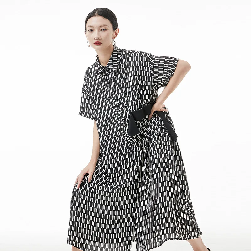 

Женское длинное платье в клетку, свободное повседневное ТРАПЕЦИЕВИДНОЕ ПЛАТЬЕ в европейском стиле с коротким рукавом и принтом, модель 2022 н...