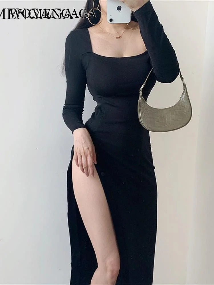 

Fashion WOMENGAGA Sexy Slim Low Chest Square Collar Split Legs Light Ripe Temperament High Waist Split Leg Long Sexy Dress REKJ