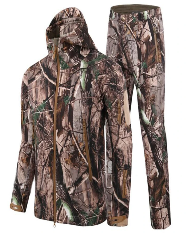 Camouflage Hunting Clothes Ghillie Suit Outdoors Camping Hiking Waterproof Windbreaker Softshell Fleece Jacket + Pants