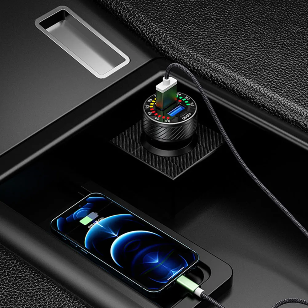 

1x Aluminum Alloy Black Car Charger Dual USB Socket Phone Fast Charging W/LED Voltmeter ON OFF Switch DC12-24V Durable Hot New