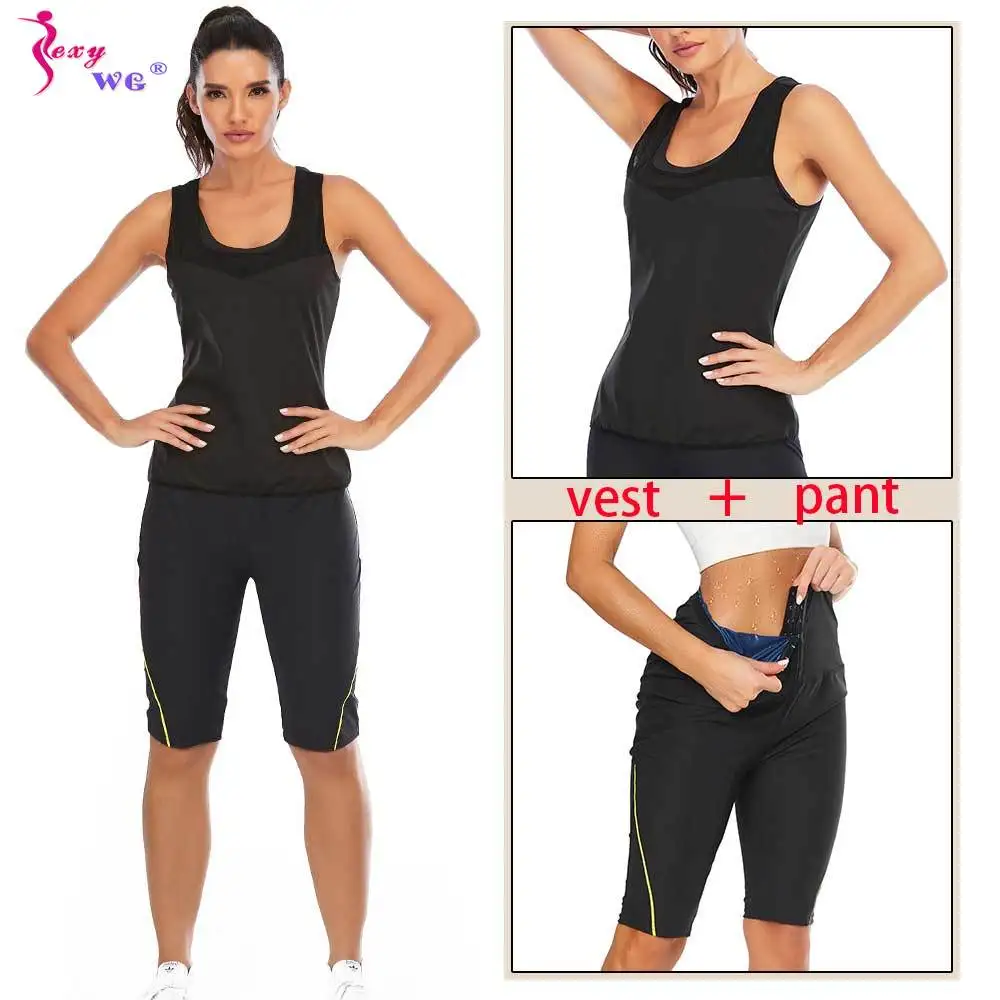 

SEXYWG Women Sauna Suit Sweat Set Waist Trainer Capris Weight Loss Pant Slimming Vest Tummy Control Shorts Body Shaper Gym Sport