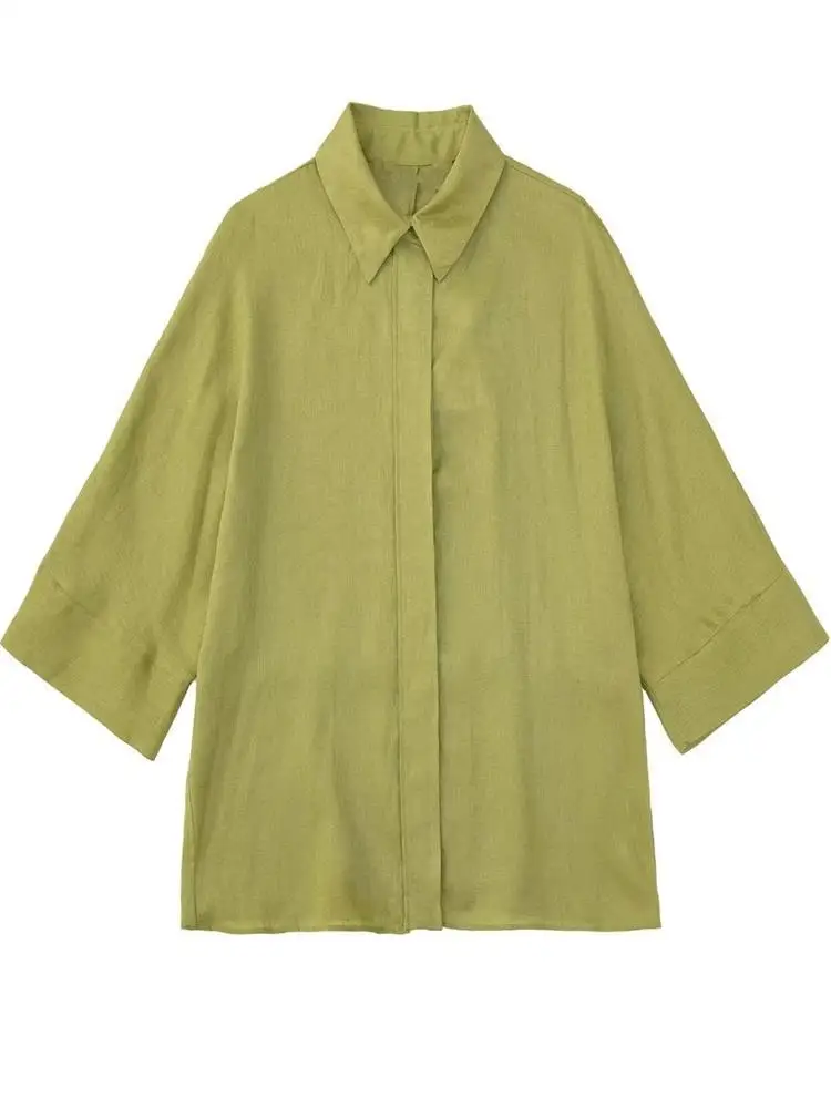 

TRAF Women 2022 Fashion Solid Color Hidden Buttons Shirts Vintage Three Quarter Sleeve Female Blouses Blusas Streetwear