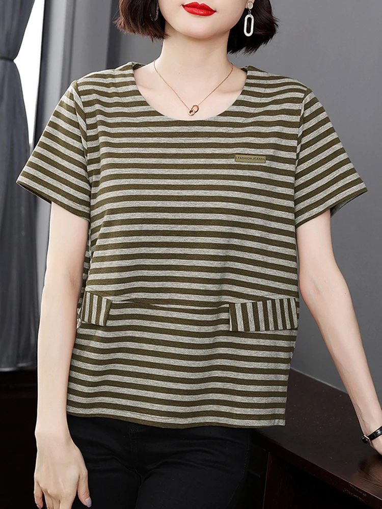 

New Short Sleeve Tops Women T Shirt Striped Tshirt Loose Casual Clothes Ladies Cotton O-Neck Tee Shirt Femme 2022 Summer T-shirt