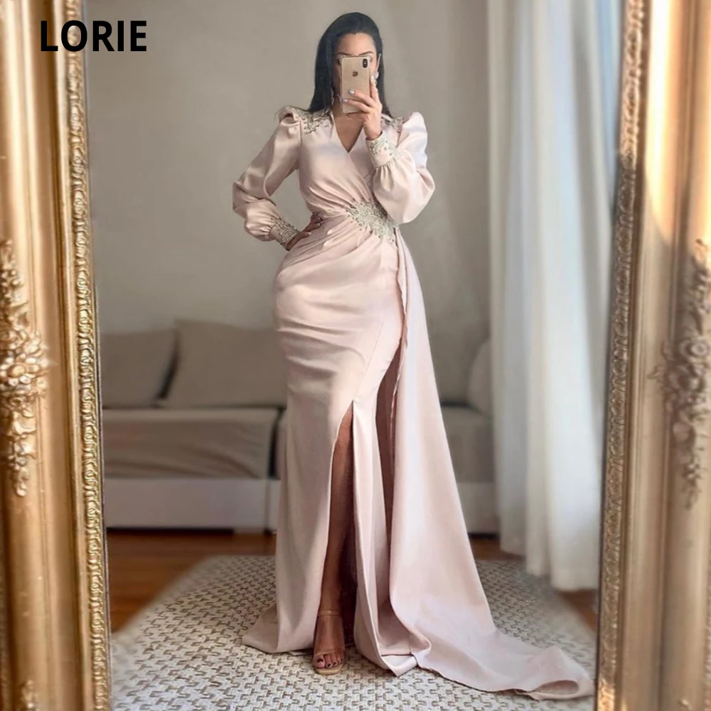 

LORIE 2022 Long Sleeves V-Neck Prom Dresses Crystals Evening Dresses High Side Slit Modern Formal Party Gowns Vestidos De Festa