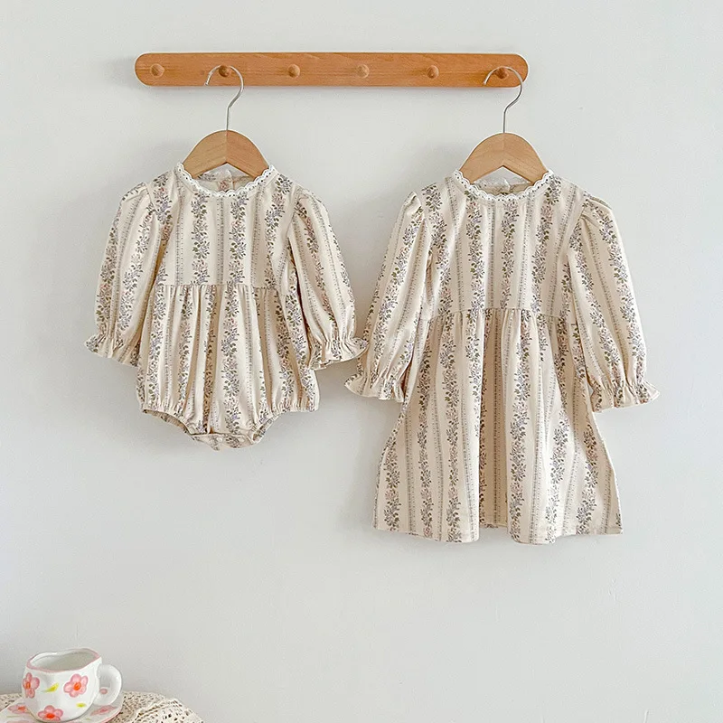 

2023 Sisters Matching Clothes for Kids Children Vintage Floral Print Series with Dress and Bodysuits Infants Korea Cotton Outfit