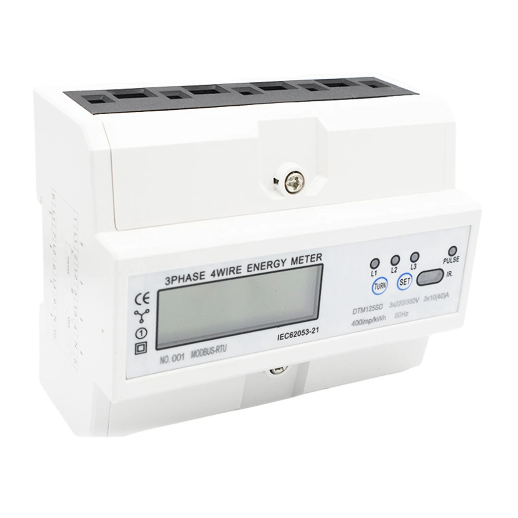 

10-40A DIN Rail Energy Meter LCD Display Plastic Case Dual LED Home School Office Building 3 Phase 4 Wire Wattmeter