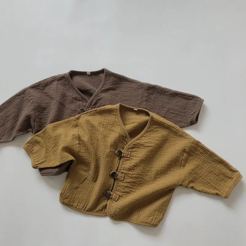 

2022 Spring Newborn Infant Clothes Loose Cotton Linen Button Coat For Baby Boys Girls Fashion Retro Solid Color Kids Clothes