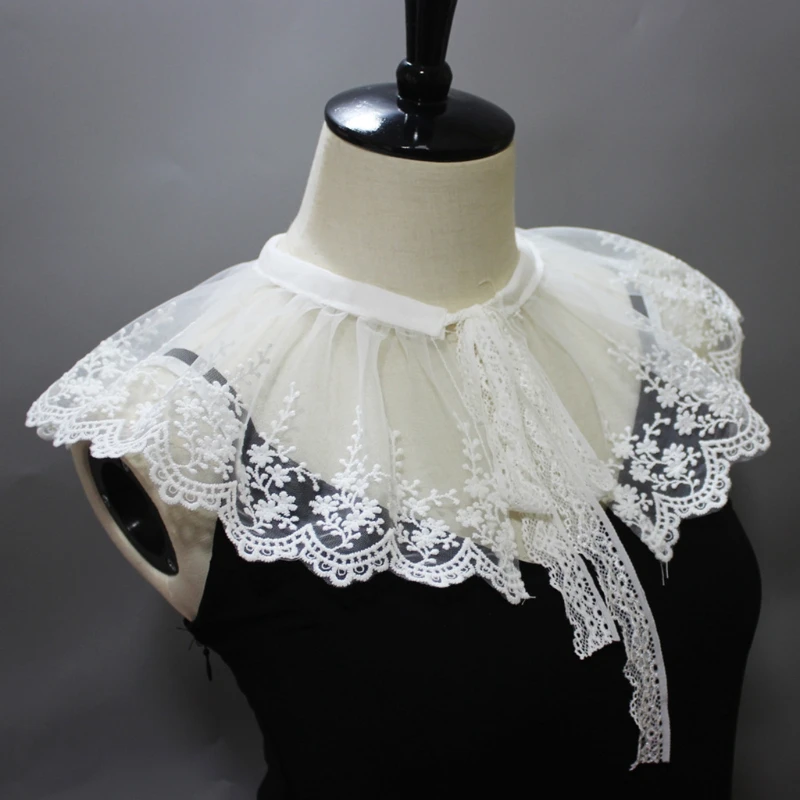 

Pleated Mesh Tulle Fake Collar Shawl Necklace Embroidery Floral Half Shirt Cape X7XC