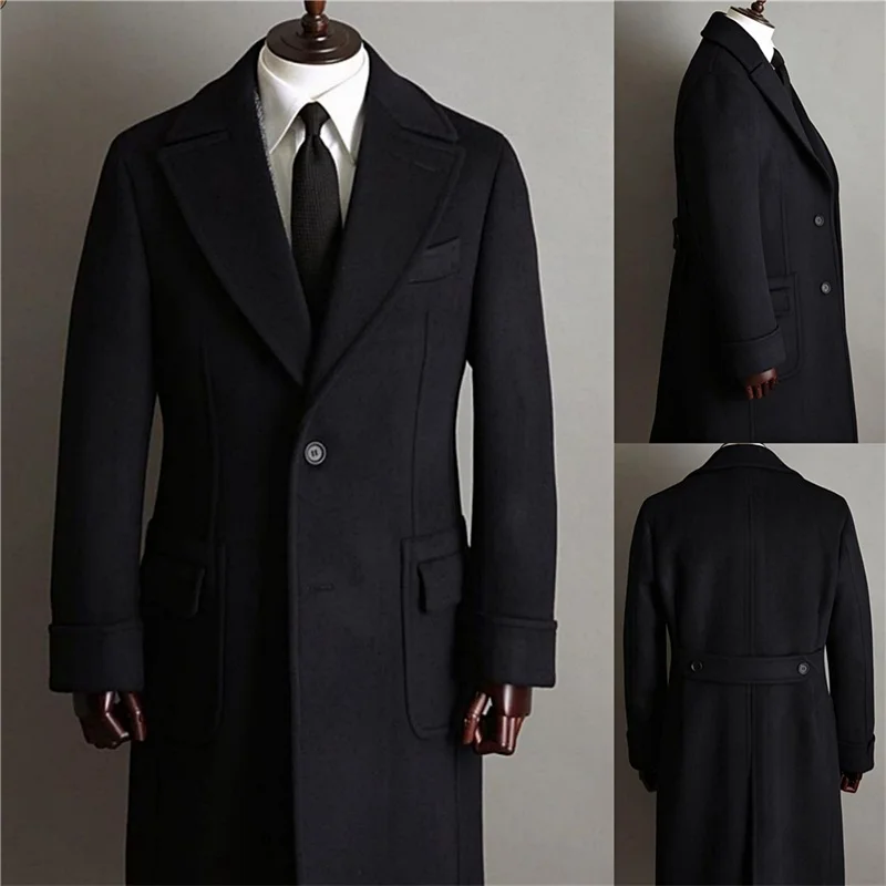 Formal Black Thick Wool Overcoat Men Suits Custom Made Pocket Kingcoat Jacket Single Breasted Tuxedos Blazer Business Long Coat