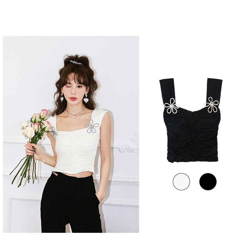 

Fashion Classic Design Spring / Summer 22 New Black and White Solid Color Rhinestone Pleated Wide Shoulder Strap Elastic Vest