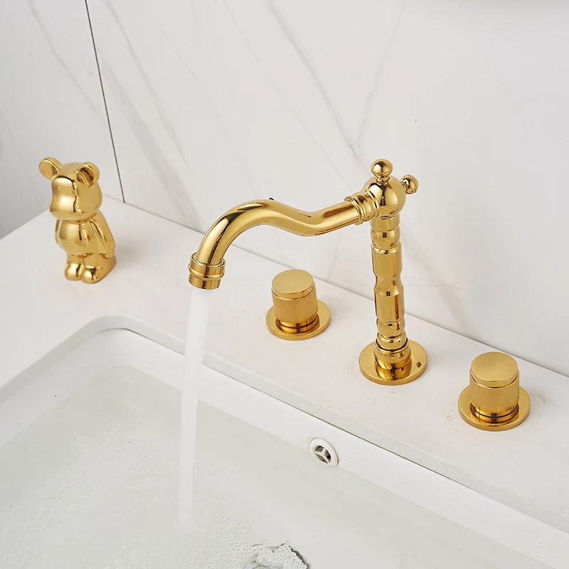 Высокий смеситель золотого цвета для ванной комнаты набор из трех предметов