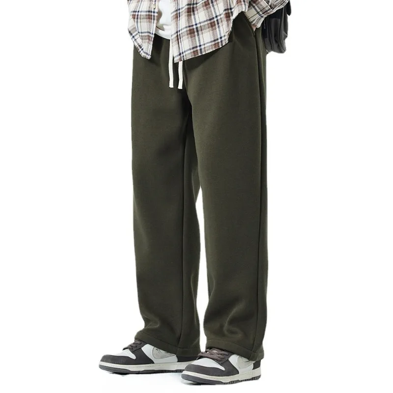 

American Boy Straight Pants New Casual Plush Sports Trousers Men Fashion Loose Fit Solid Drawstring Pocket Pants Baggy Hosen