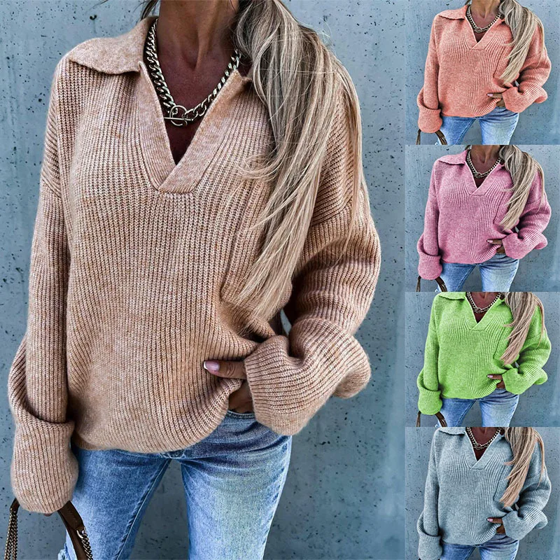 Women New Knitwear Loose Sweater Pullover Knit Sweater with Collar