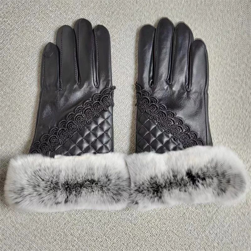 Autumn winter women's genuine leather gloves 100% real rex rabbit fur genuine sheepskin mittens fashion bow design