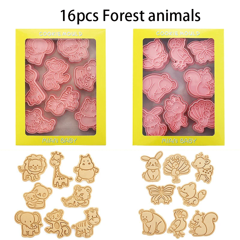 

16 Pcs/set Forest Animal Cookie Cutters Plastic 3D Cartoon Pressable Biscuit Mold Cookie Stamp Kitchen Baking Pastry Bakeware