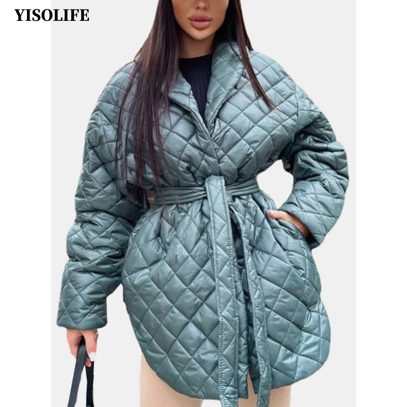 

YISOLIFE Winter Quilted Jacket for Women Mid-length Diamond Padded Jackets Lightweight Outerwear Wrap Coats with Tie Waist Belt