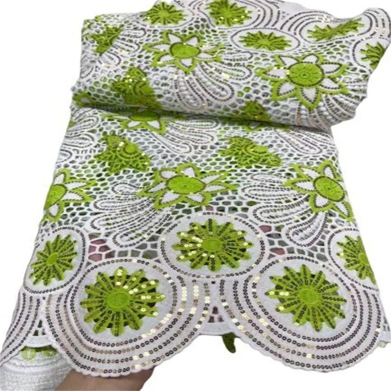 

2023 Green/White African Cord Lace Sequins Fabric High Quality Water Soluble Guipure Cord Laces For Wedding Festivals Dress Sew