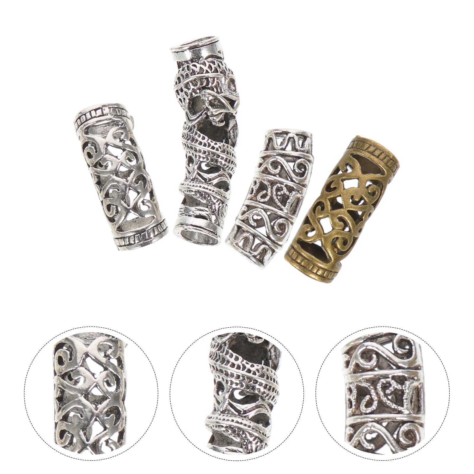 

4 Pcs Filigree Tube Hair Cuffs Braid Rings Beads for Braids Ponytail Dread Locks