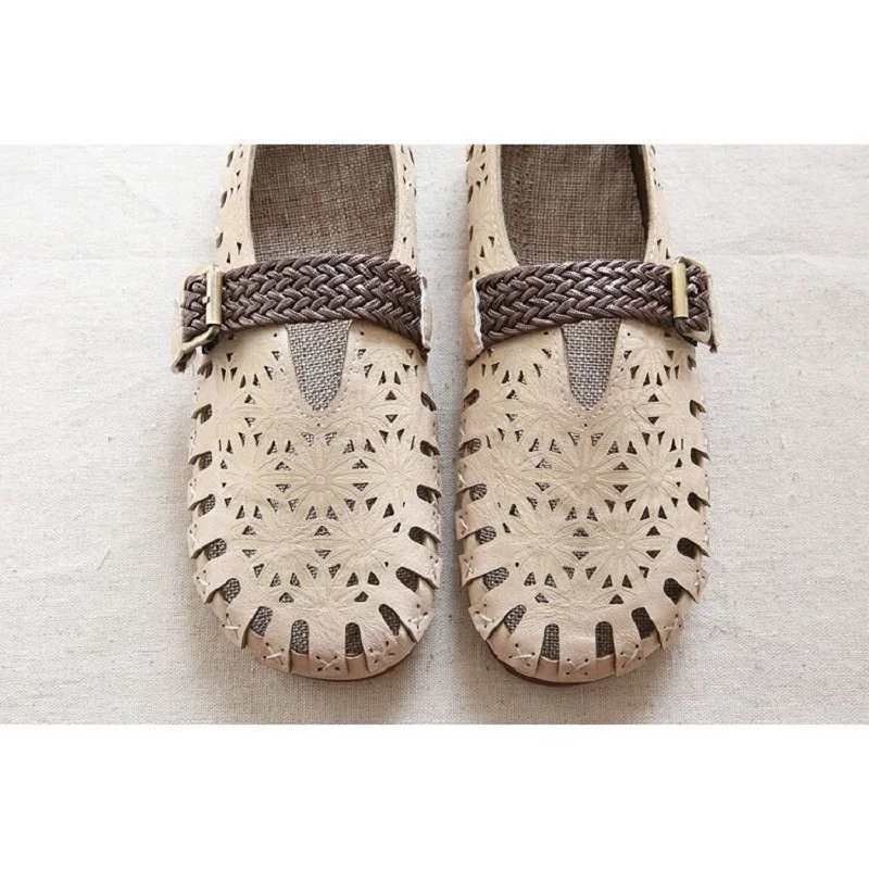 Hollow Out Ballet Flats Women's Leather Moccasins Wide Fit Shoes Ladies Round Toe Buckle Loafer Woman Chic Mary Jane Shoes 2023