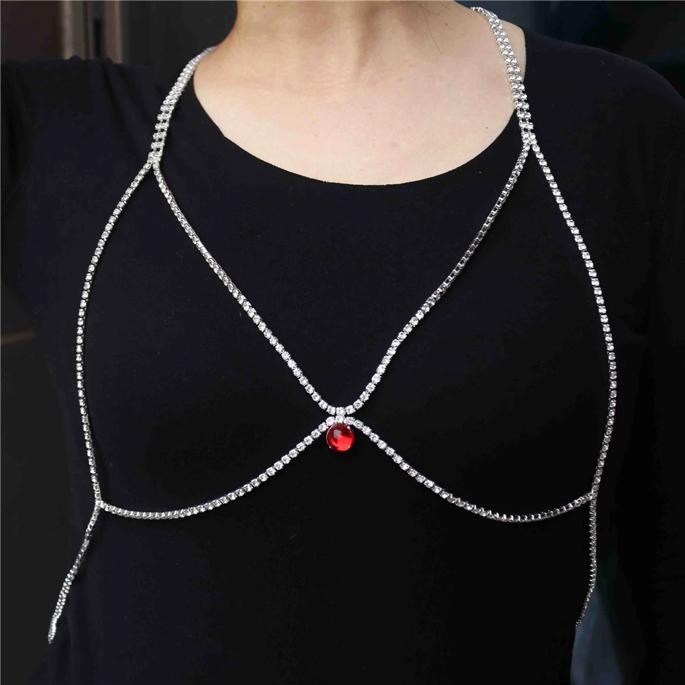 

Sensual Bundle Chest Red Satellite Plastic Chest Bra Chain Women's Necklace Rhinestone Body Chain Jewelry Bikini Holiday Gift