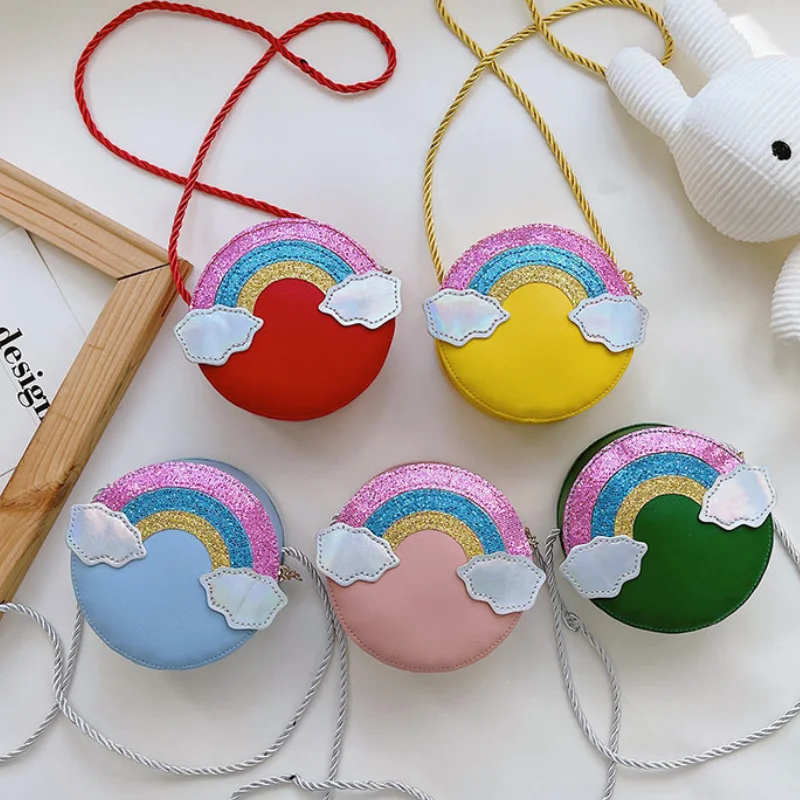 

Милые детские сумки через плечо для мальчиков и девочек, маленькая круглая сумка через плечо с блестками и радужным облаком, аксессуары, кошелек для монет