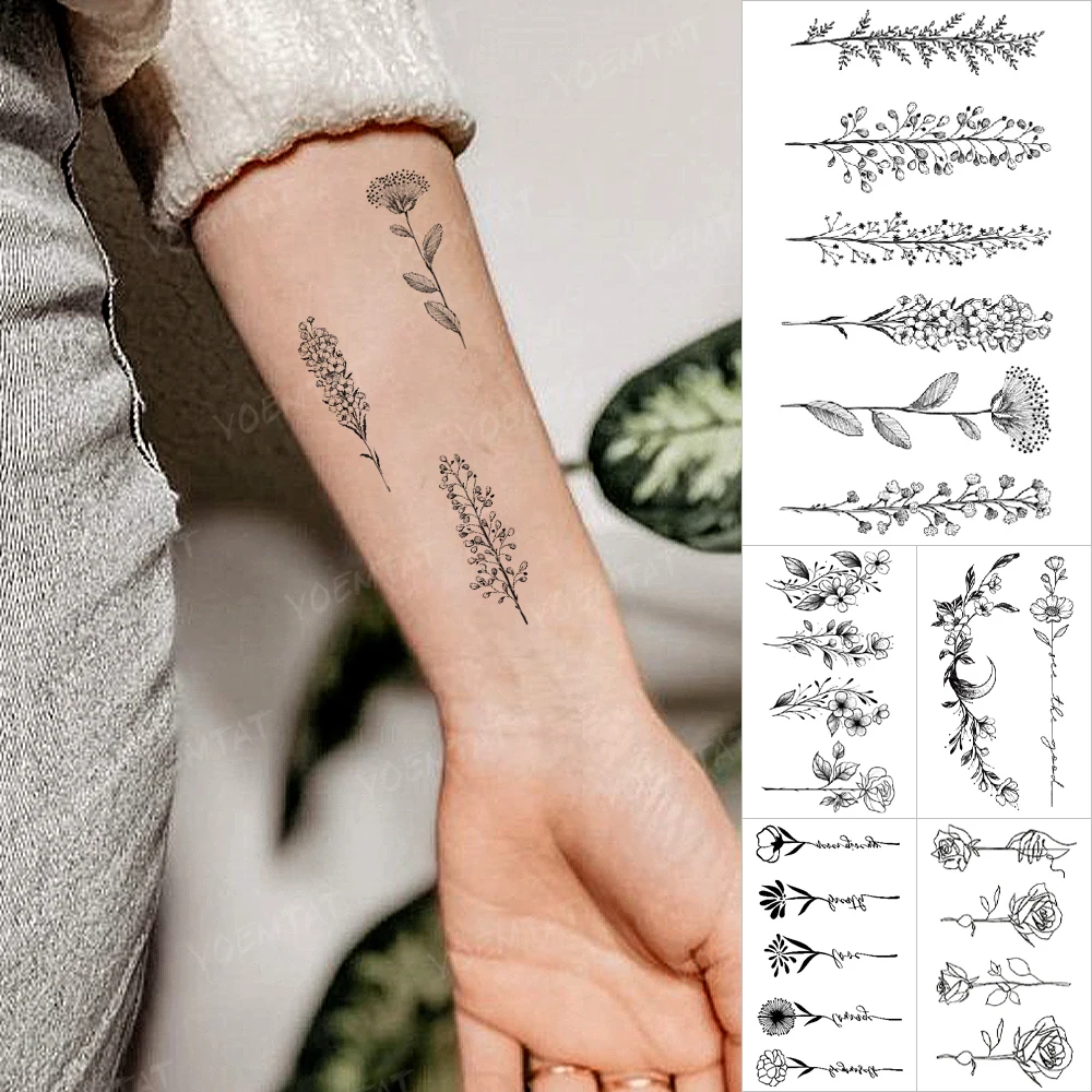 

Transfer Waterproof Temporary Tattoo Stickers Flower Rose Lavender Rose Line Flash Tattoos Simple Body Art Fake Tatto Men Women