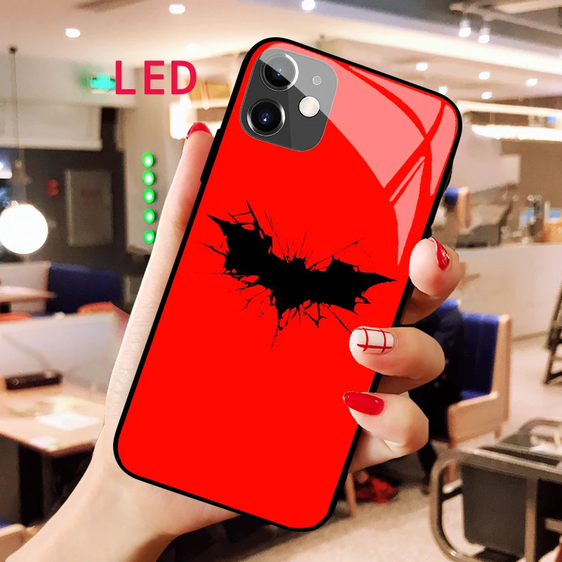 

BatMan Luminous Tempered Glass phone case For Apple iphone 12 11 Pro Max XS mini Acoustic Control Protect LED Backlight cover