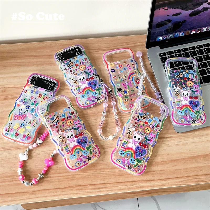 

Cartoon Bear Flower with Lanyard Phone Case for Samsung Galaxy Z Flip 3 Z Flip 4 Z Flip 5 5G PC Hard Anti-drop Back Cover Funda
