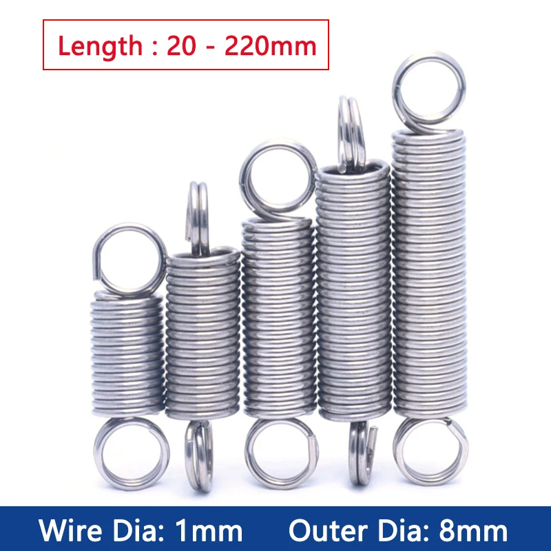 

1pc Wire Dia 1mm OD 8mm 304 Stainless Steel Dual Hook Tension Spring Closed Loop Hardware Accessories Length 20-220mm