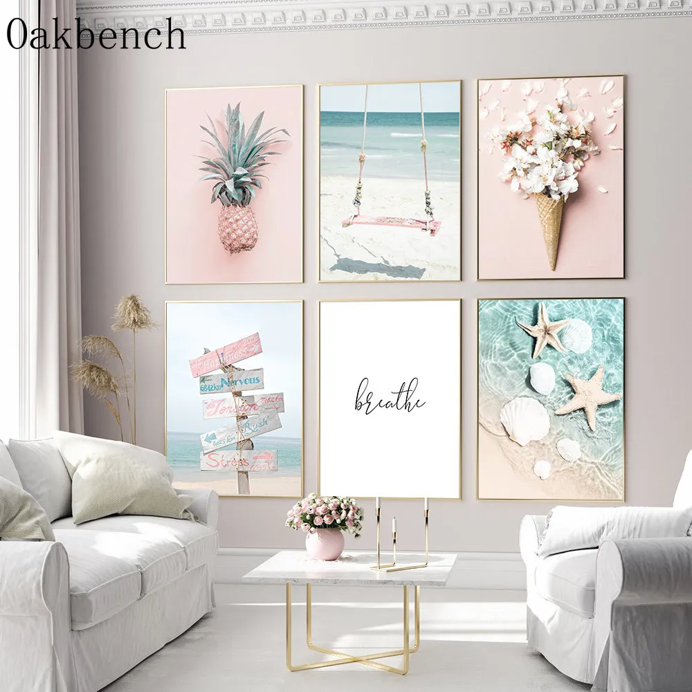Цветочная ваза мороженого на стене искусства Летние пляжные плакаты Морской пейзаж Картина на холсте Картина с ананасом Северный плакат для украшения комнаты.
