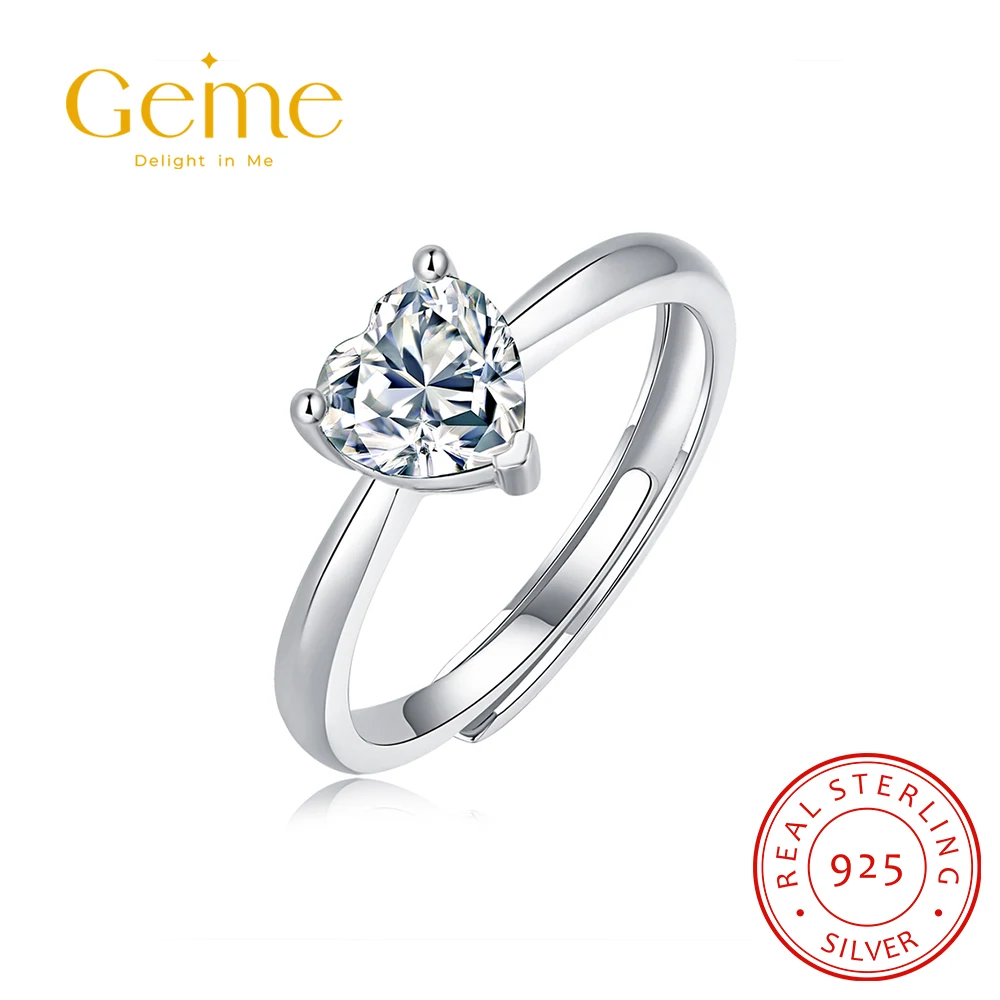 

Geme 925 Sterling Silver 1CT D Color Moissanite Band Ring Classic Heart Cut Wedding Engagement Promise Ring Anniversary Gifts