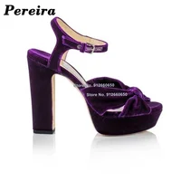Pereira Velvet Bow Know Knot Platform Heels Sandals for Women Silk Buckle Strap Chunky High Heels Women Wedding Shoes on Heels