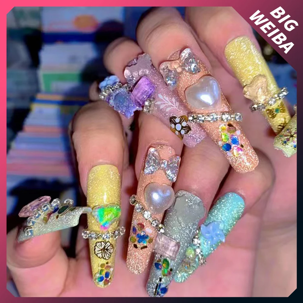 

Sparkle Sweet Long Coffin Nail Slice Can Change The Shape Customize Handmade Long Nails Sticker Girls Gift Accessories