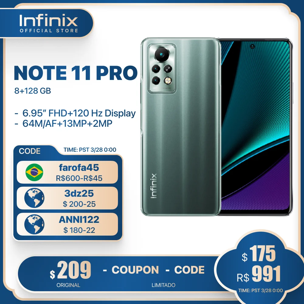 

Смартфон Infinix NOTE 11 PRO Helio G96, 8 + 128 ГБ, 6,95 дюйма, камера 64 мп, 33 Вт