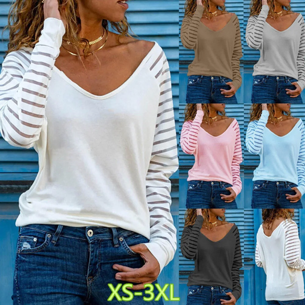 

Spring and Summer Fashion Women's Printed Solid Color V-neck Long Sleeve Casual Shirt Loose Thin T-shirt