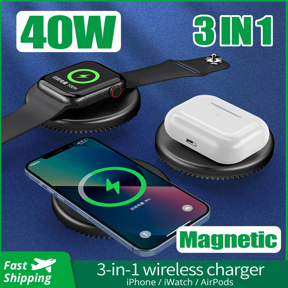 

40W 3 in 1 Qi Wireless Charger For Apple Watch Series 7/6/5/4/3/2, Magnetic Wireless Charger For iPhone 13/12/Pro Max/Magsafing