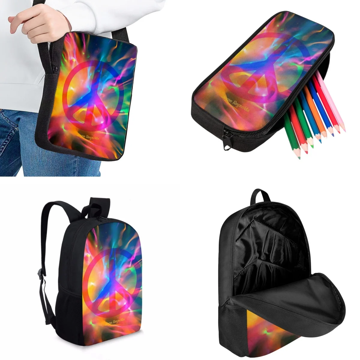 Jackherelook Symphony Peace Pattern Print Trendy Kids School Bags Set of 3 Travel Backpacks for Teenagers Student Daily Book Bag