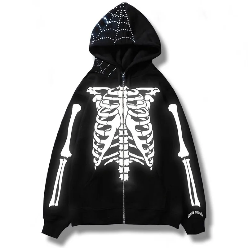 

Rhinestones Skeleton Print Black Y2k Goth Long-sleeve Full Zip Hoodies Oversized Jacket American Fashion Streetwear Jacket Coat