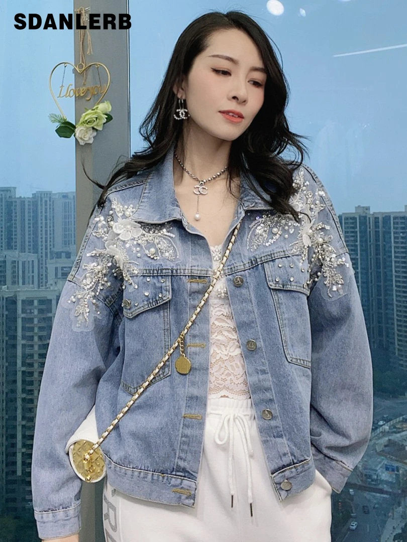 

2022 Spring and Autumn New Trendy Jean Coat Heavy Industry Beads Flower Fashionable All-Match Loose Denim Jacket for Women