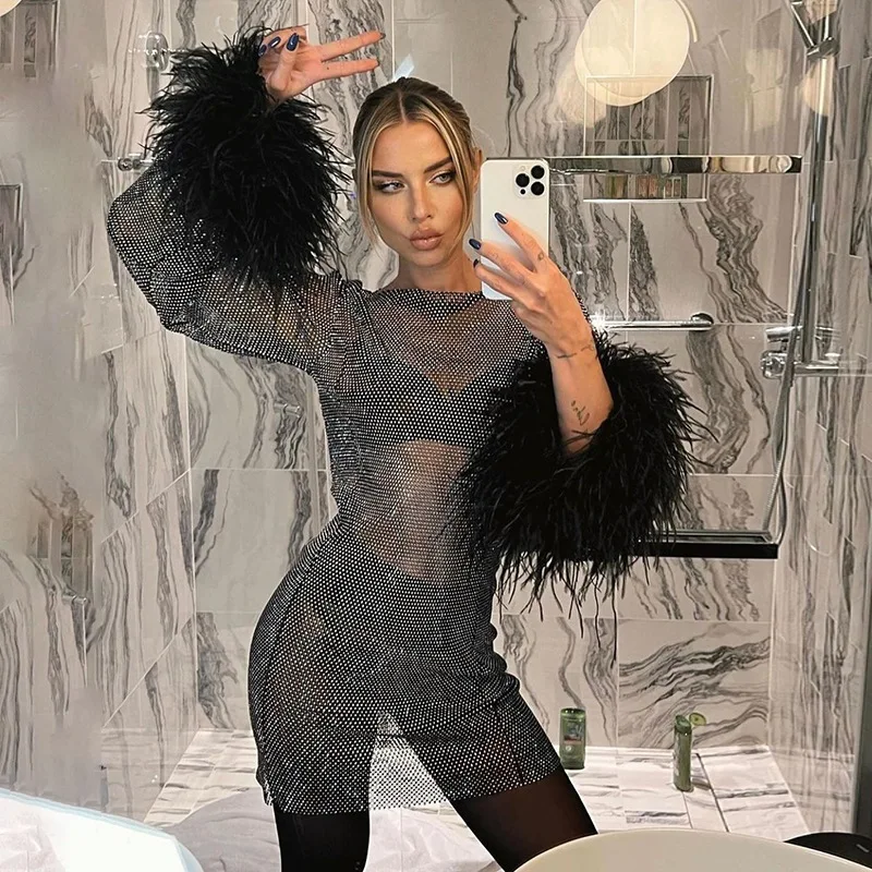 Sexy Rhinestones Mesh Feathers Dress Women Fashion Tassel See Through Long Sleeve Dress Shinny Sequins Club Party Outfit