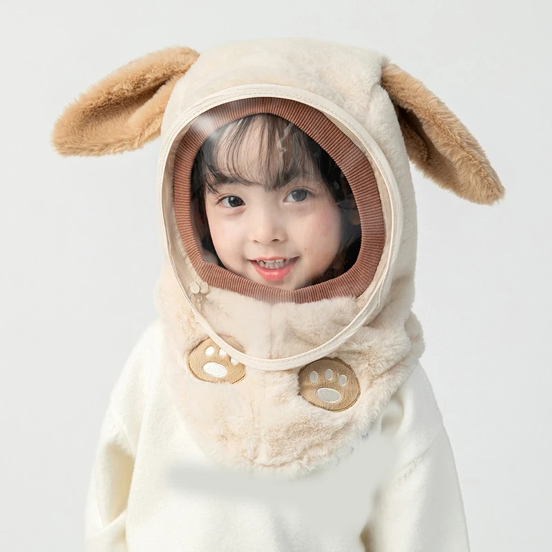 

Autumn Winter Children Biking Hooded Hat Baby Hood Cartoon Ear for Protection with Face Mask Earflap Windproof Hat Neck