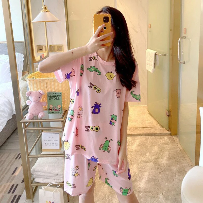 Summer Knitted Cotton Clouds Printing Two Piece Short Sleeved Women Pajamas Sets Pyjamas Ladies Sleepwear Cute Cartoon Pijamas