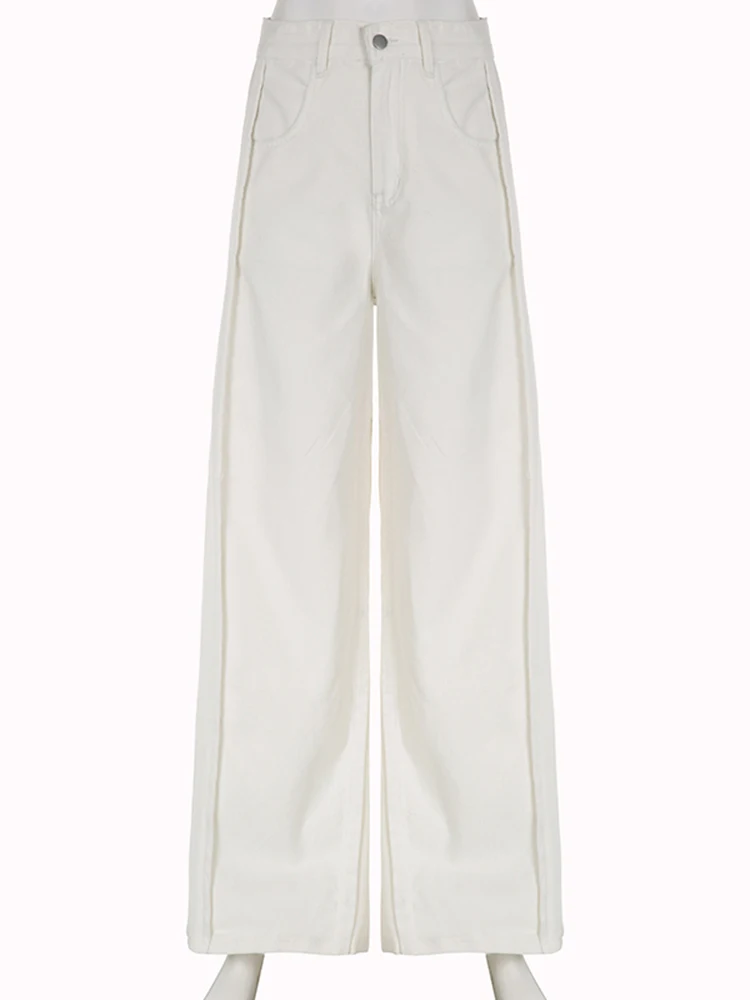 WeiYao White Denim Wide Leg Cargo Pants Women Streetwear Korean Fashion Low Waist Straight Jeans Casual Loose Baggy Trousers