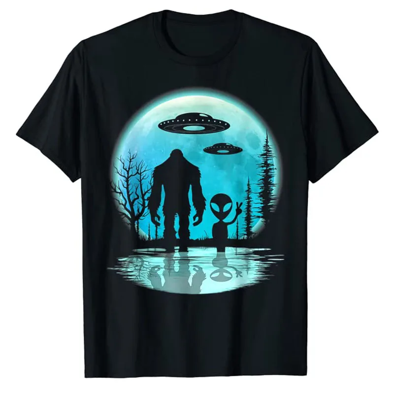 

Bigfoot and Starring At The Moon T-Shirt Funny Alien-Bigfoot-Moon Cool Graphic Tee Tops Cute Short Sleeve Blouses Novelty Gifts