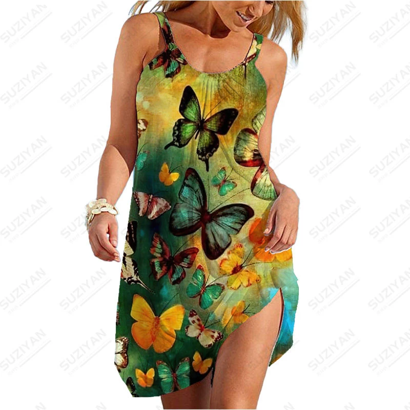 

Bohemian Summer Dress Beach Holiday Party 3D Women's Sun Dress Street Cute Cat Print Women's Loose Strap Sexy Round Neck Dress