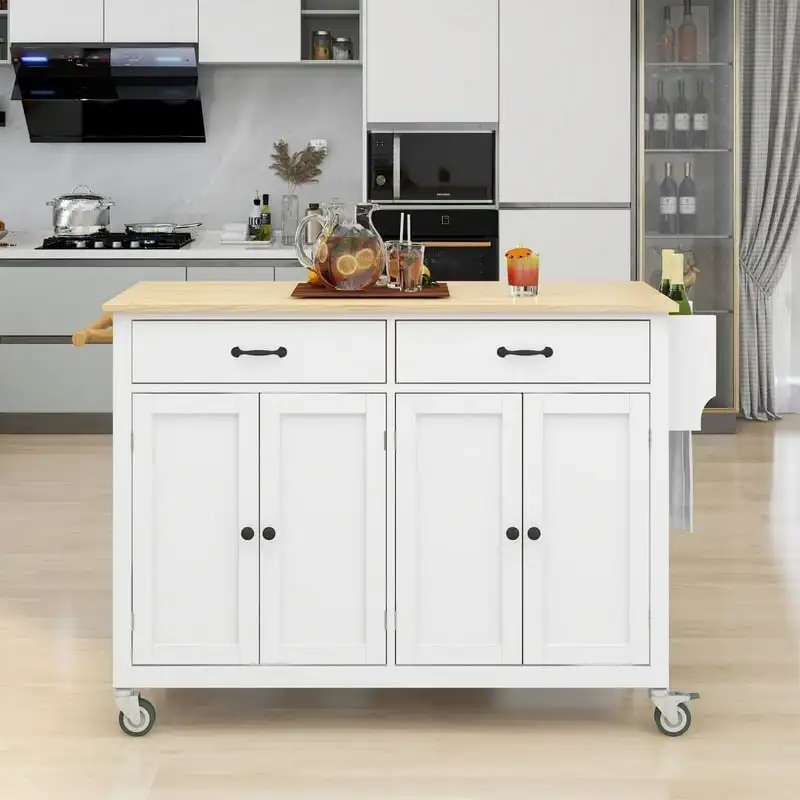 

Island Cart with Solid Wood and Locking Wheels, 4 Door Cabinet and Two Drawers, Spice Rack and Towel Rack, White Bathroom shelv