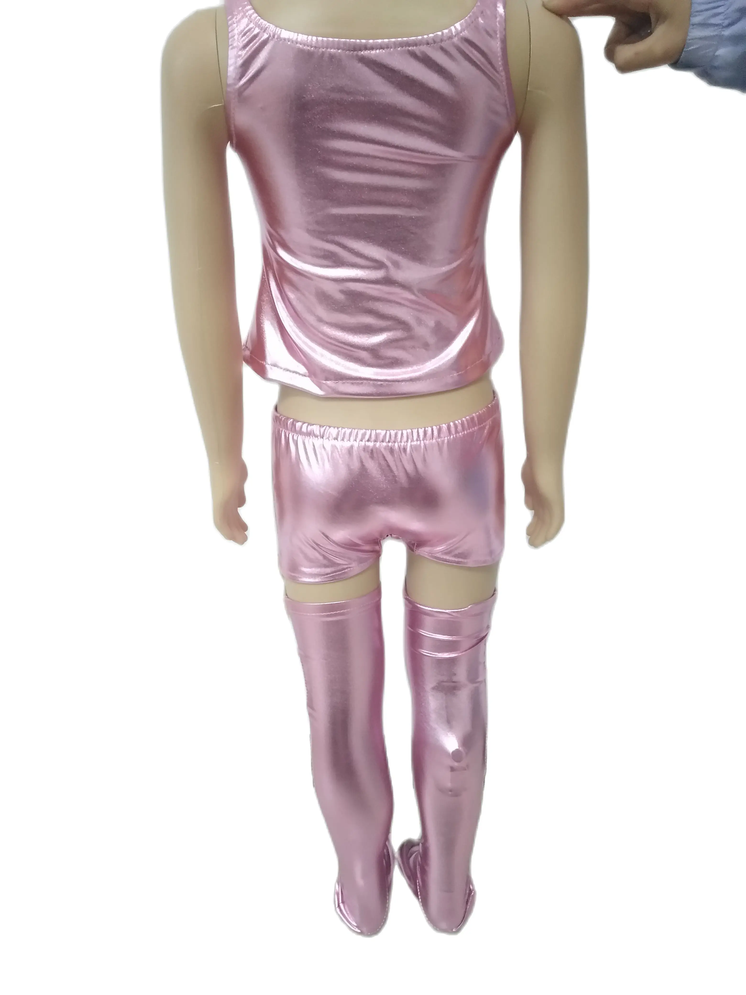 Сексуальный костюм для девочек из трех предметов Блестящий металлический