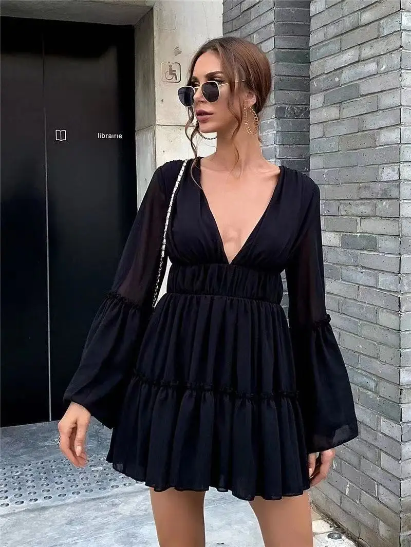 

2022 Sexy Deep V-Neck Solid Color Backless Temperament Mini Dress Spring Summer Lace-Up Waist Dress Elegant Holiday Dresses